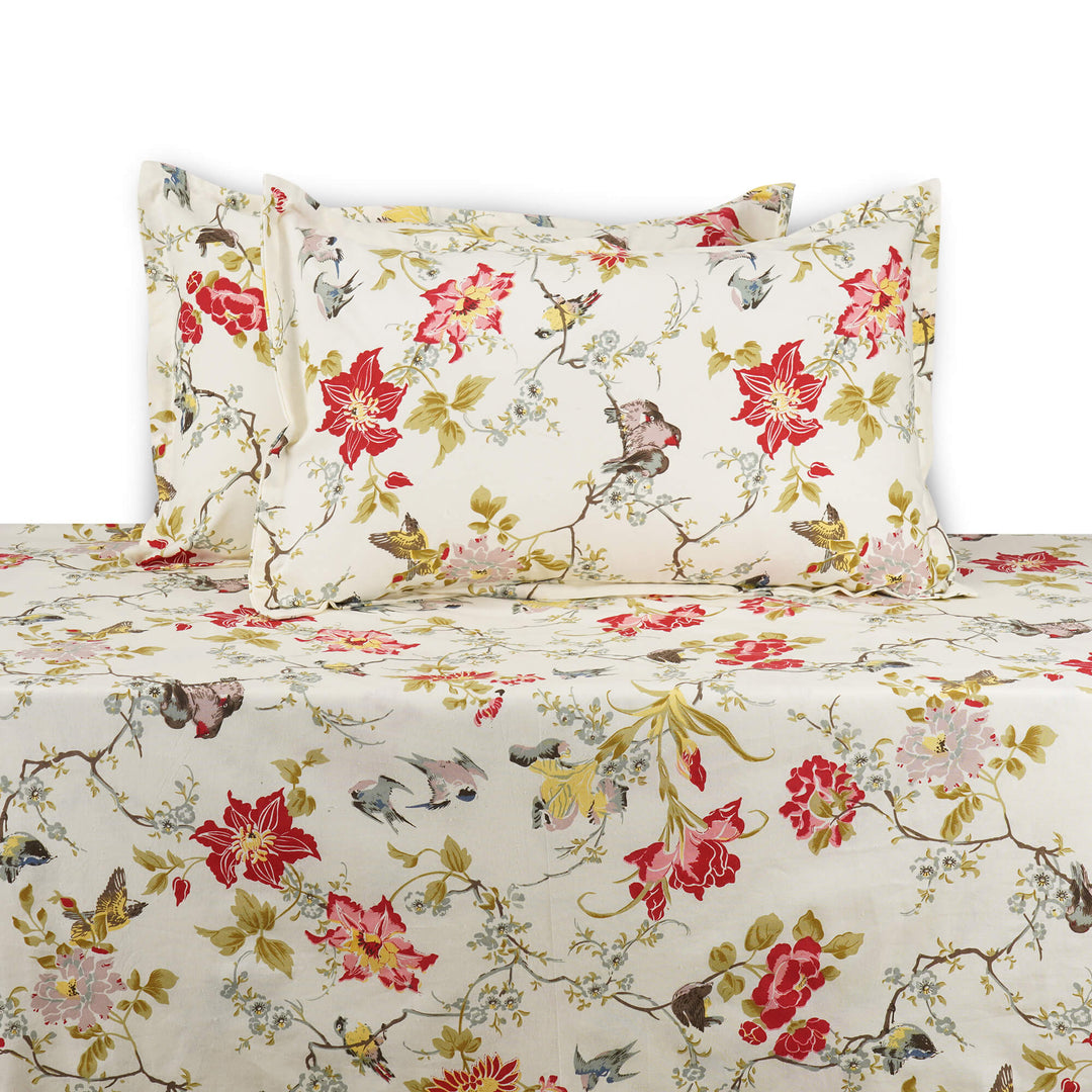 Blossoms Cotton Bedsheet Queen Size - Hibiscus Red