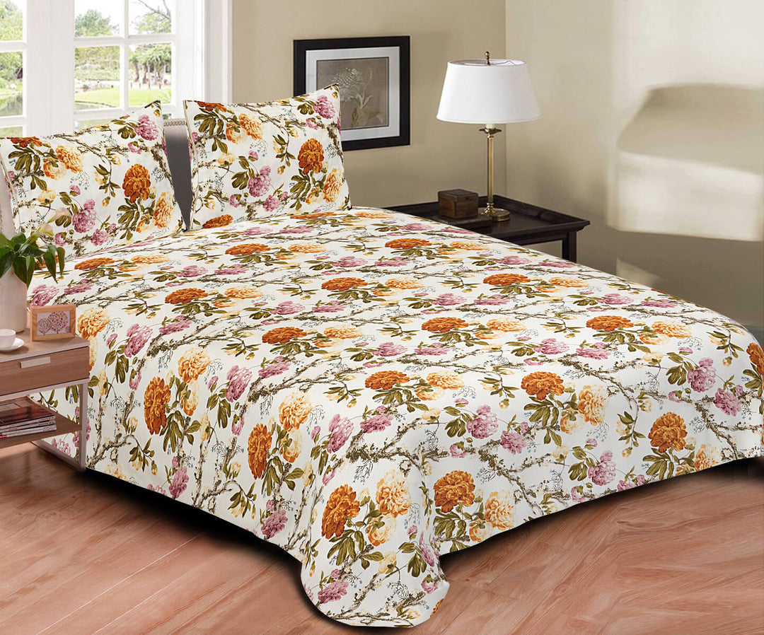 Blossoms Cotton Bedsheet Queen Size - Marigolds