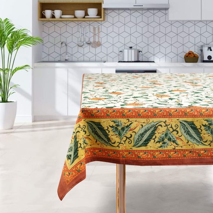 Orange Gold Leaf Jaipuri 6 Seater 100% Cotton Table Cover - 105