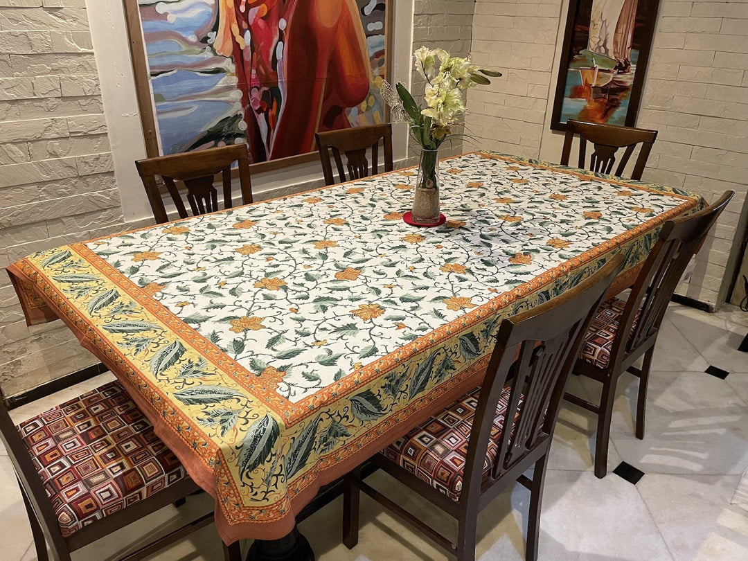 Orange Gold Leaf Jaipuri 6 Seater 100% Cotton Table Cover - 105