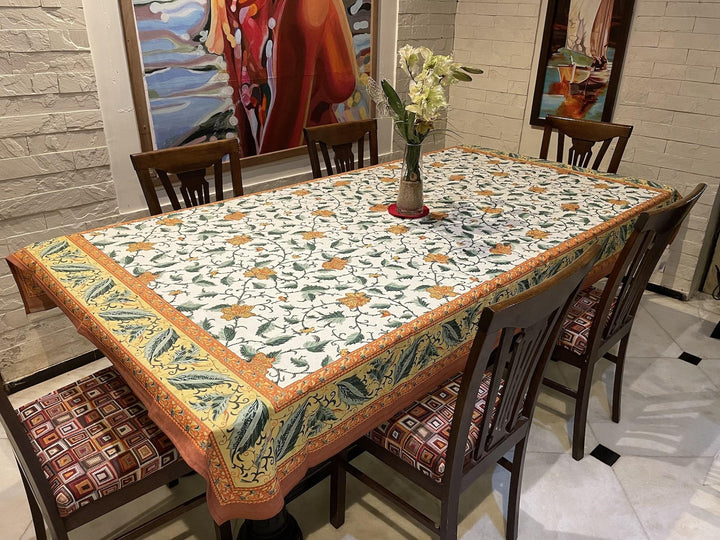 Orange Gold Leaf Jaipuri 6 Seater 100% Cotton Table Cover - 105