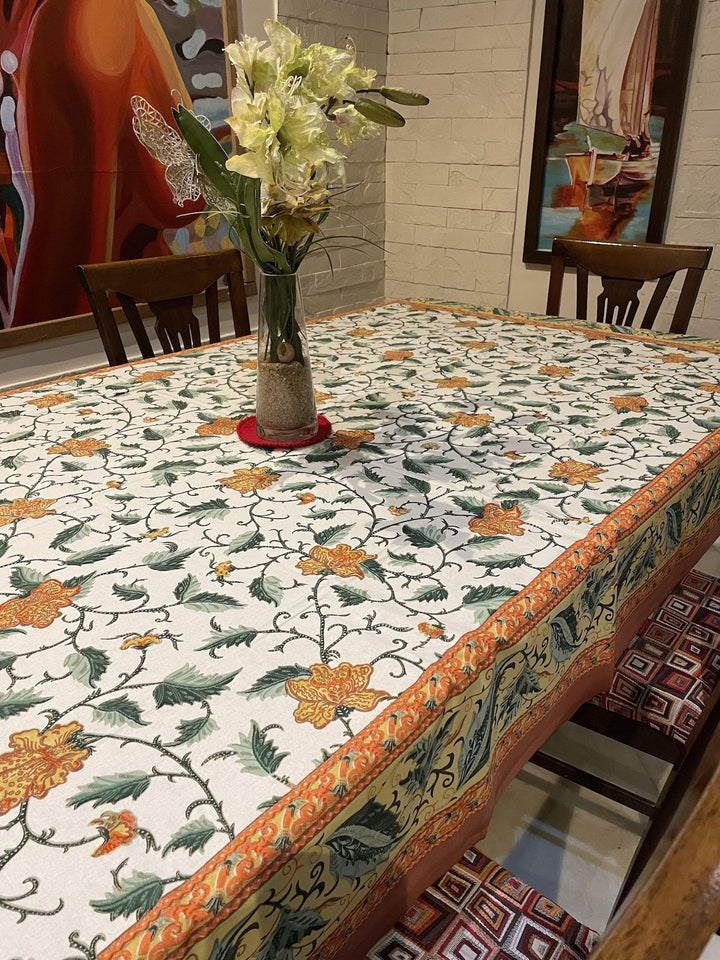 Orange Gold Leaf Jaipuri 6 Seater 100% Cotton Table Cover - 105