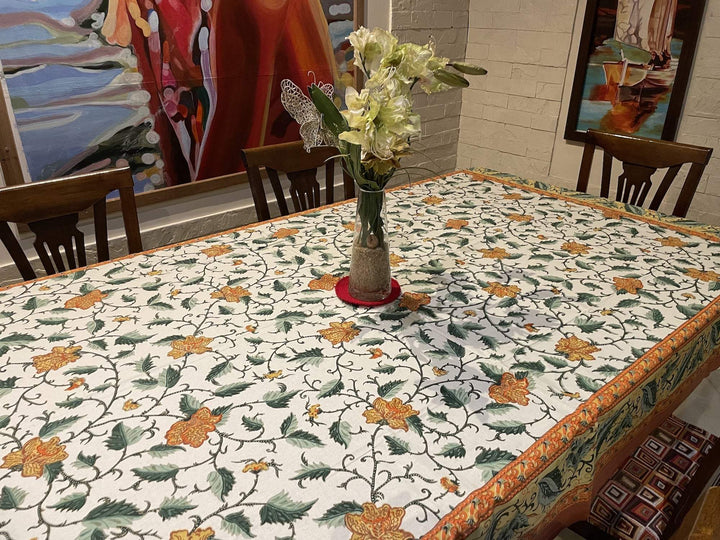 Orange Gold Leaf Jaipuri 6 Seater 100% Cotton Table Cover - 105