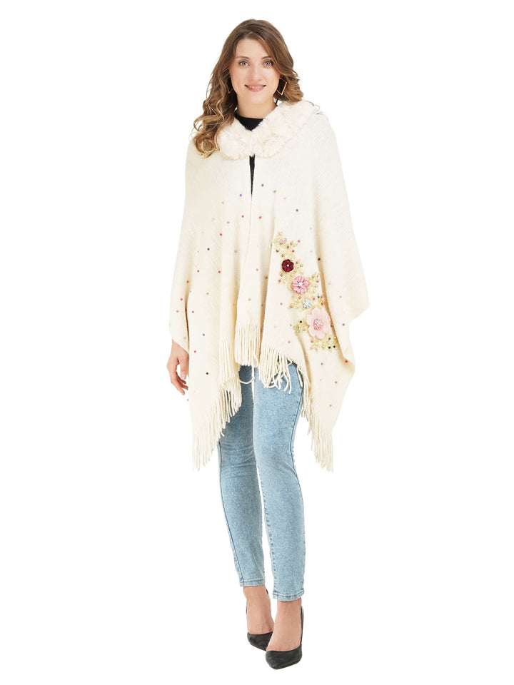 Cream Floral Embroidery Fur Collar Poncho- 101 (Free Size)