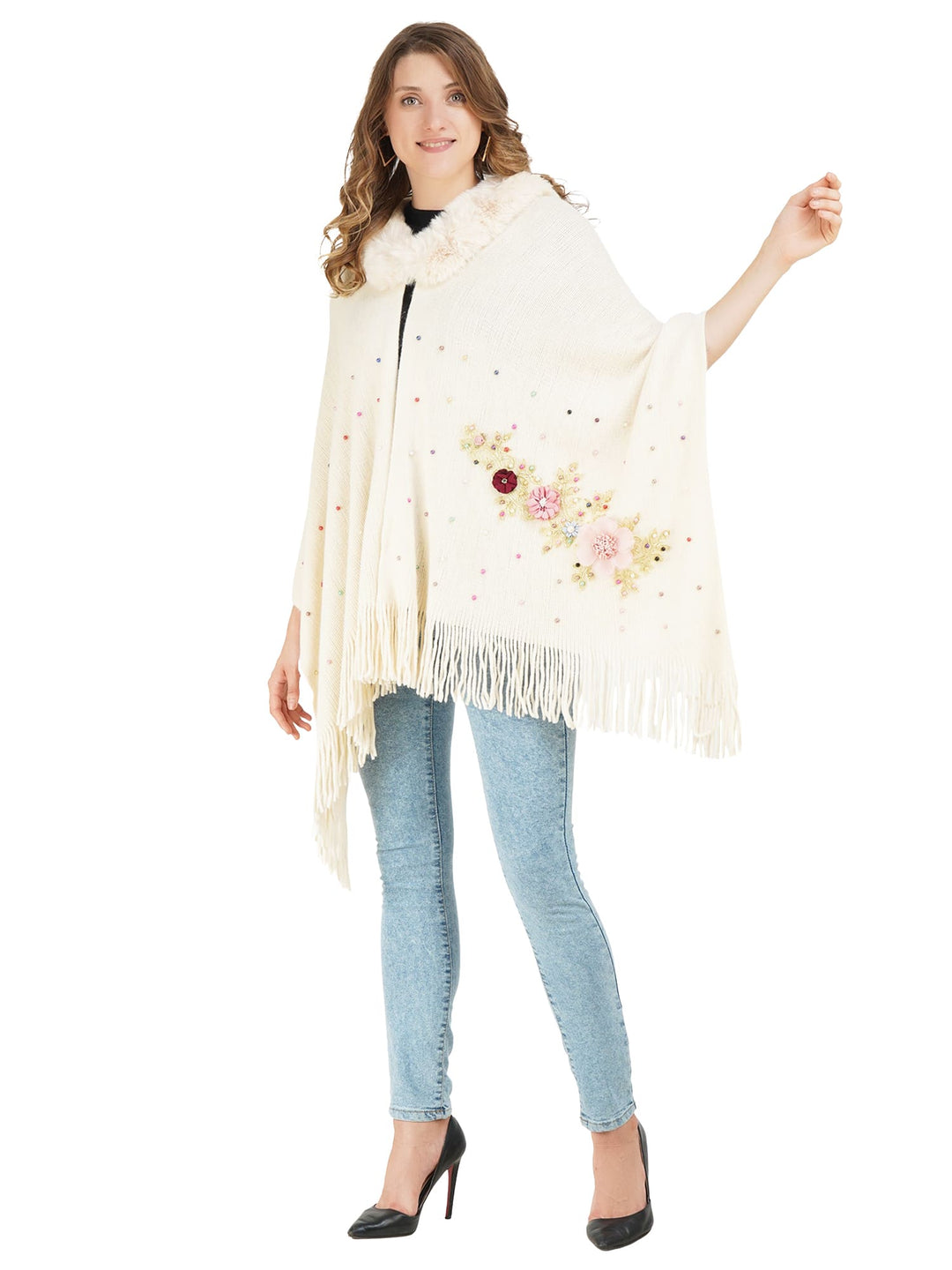 Cream Floral Embroidery Fur Collar Poncho- 101 (Free Size)