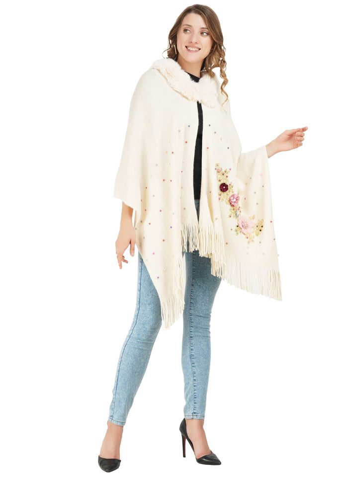 Cream Floral Embroidery Fur Collar Poncho- 101 (Free Size)