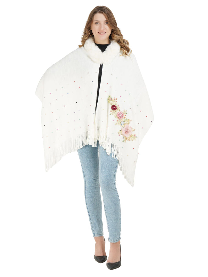 White Floral Embroidery Fur Collar Poncho - 102