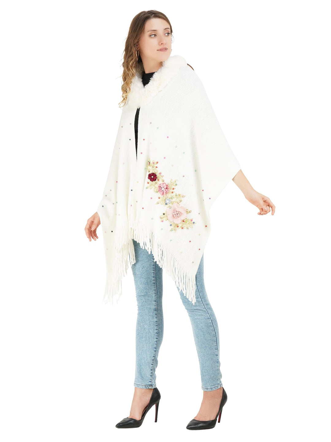 White Floral Embroidery Fur Collar Poncho - 102