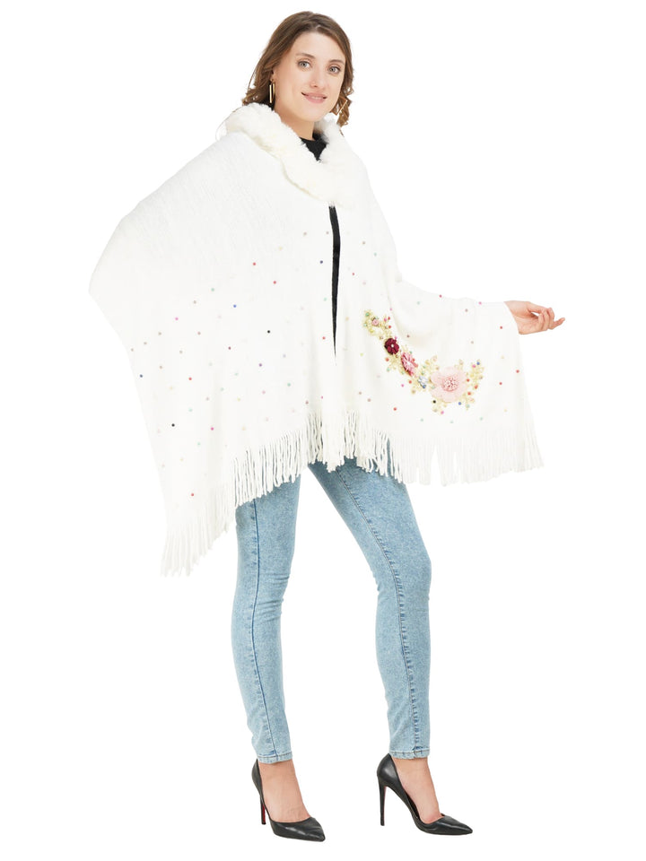 White Floral Embroidery Fur Collar Poncho - 102