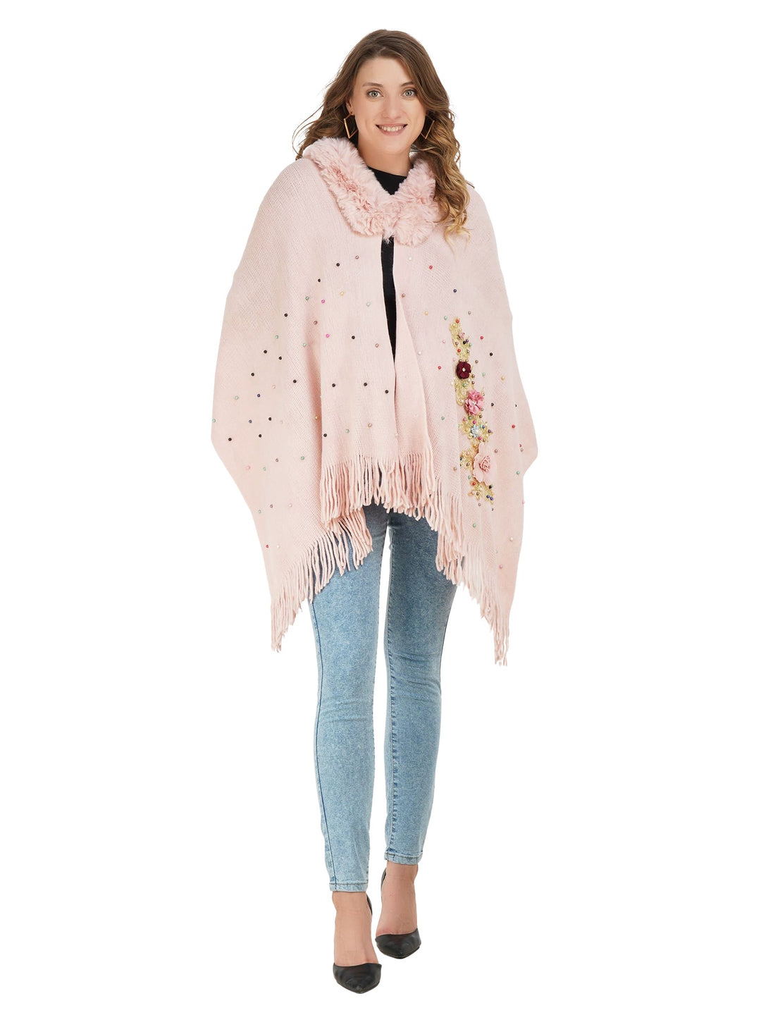 Pink Floral Embroidery Fur Collar Poncho - 103 (Free Size)