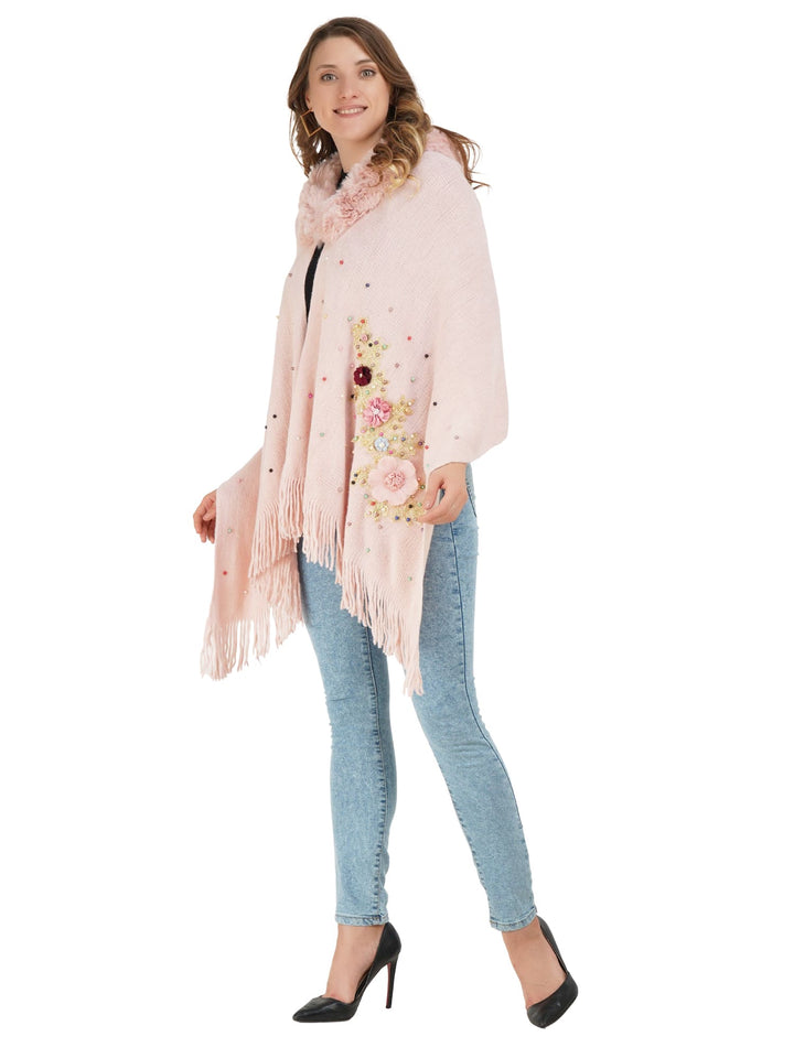 Pink Floral Embroidery Fur Collar Poncho - 103 (Free Size)