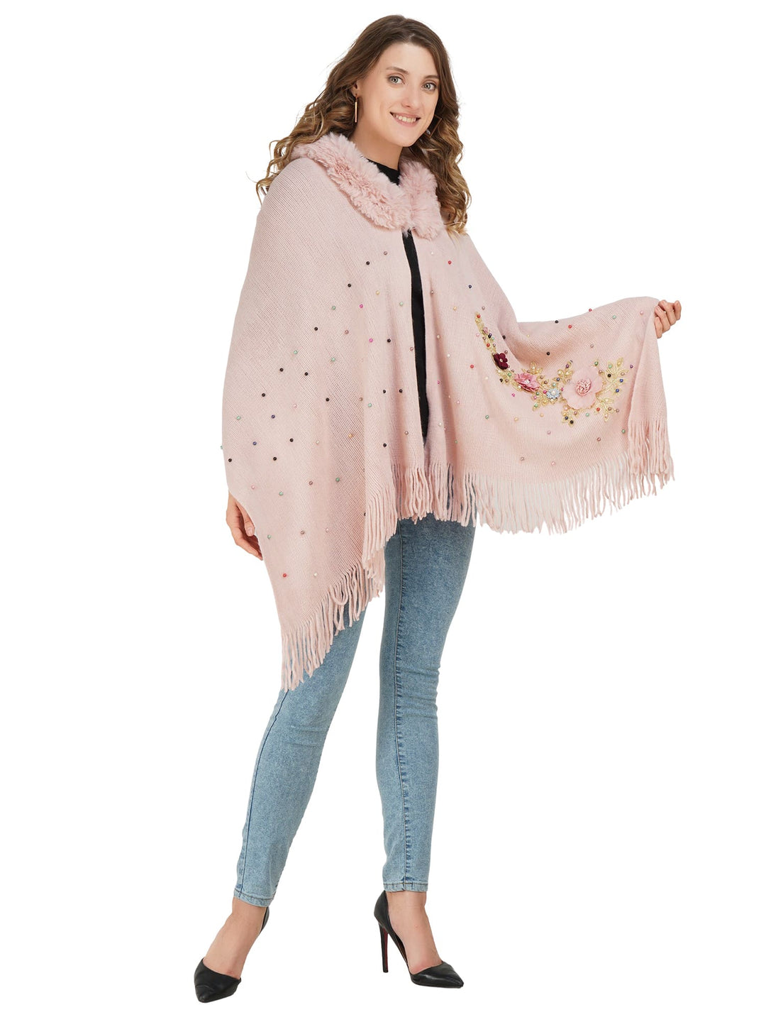 Pink Floral Embroidery Fur Collar Poncho - 103 (Free Size)