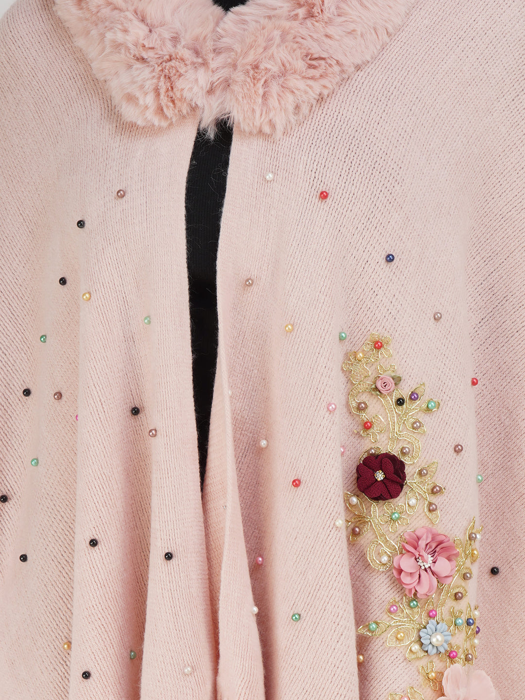 Pink Floral Embroidery Fur Collar Poncho - 103 (Free Size)