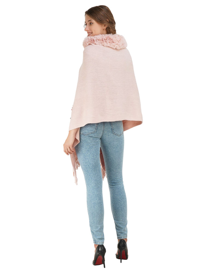 Pink Floral Embroidery Fur Collar Poncho - 103 (Free Size)