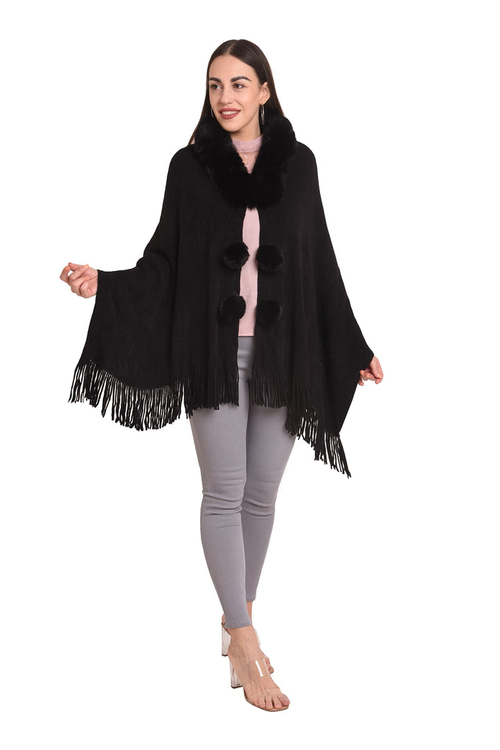 Fur Collar & Pom Pom Poncho (Free Size)- 105