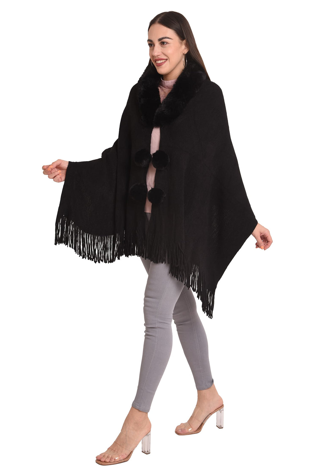 Fur Collar & Pom Pom Poncho (Free Size)- 105