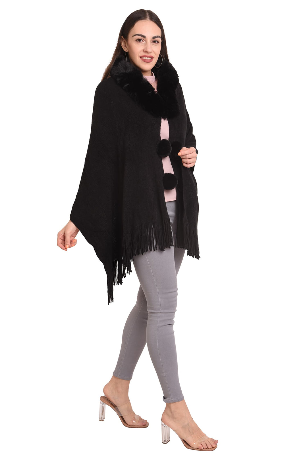 Fur Collar & Pom Pom Poncho (Free Size)- 105