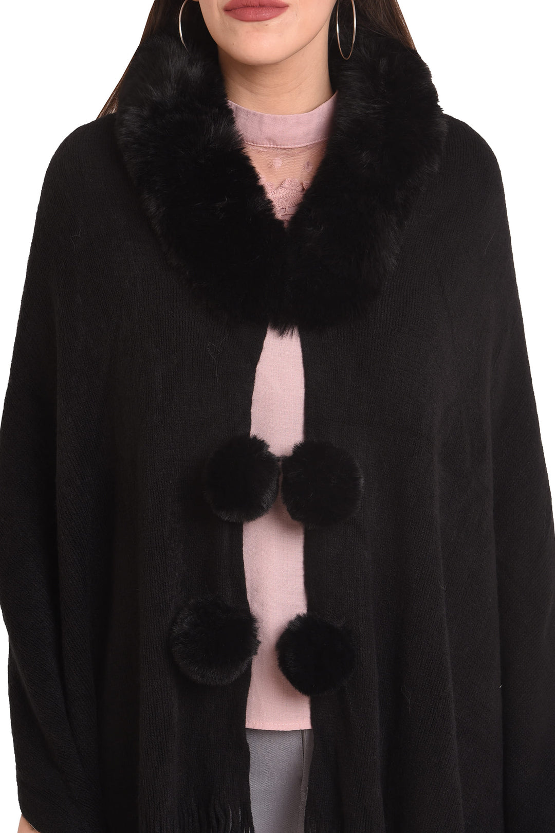 Fur Collar & Pom Pom Poncho (Free Size)- 105