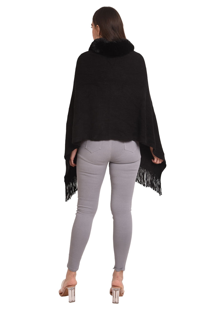 Fur Collar & Pom Pom Poncho (Free Size)- 105