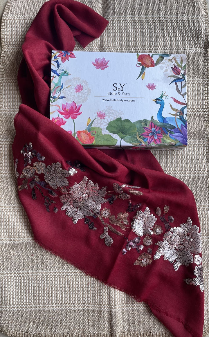 Red Floral Sequins Fine Wool Stole - 112