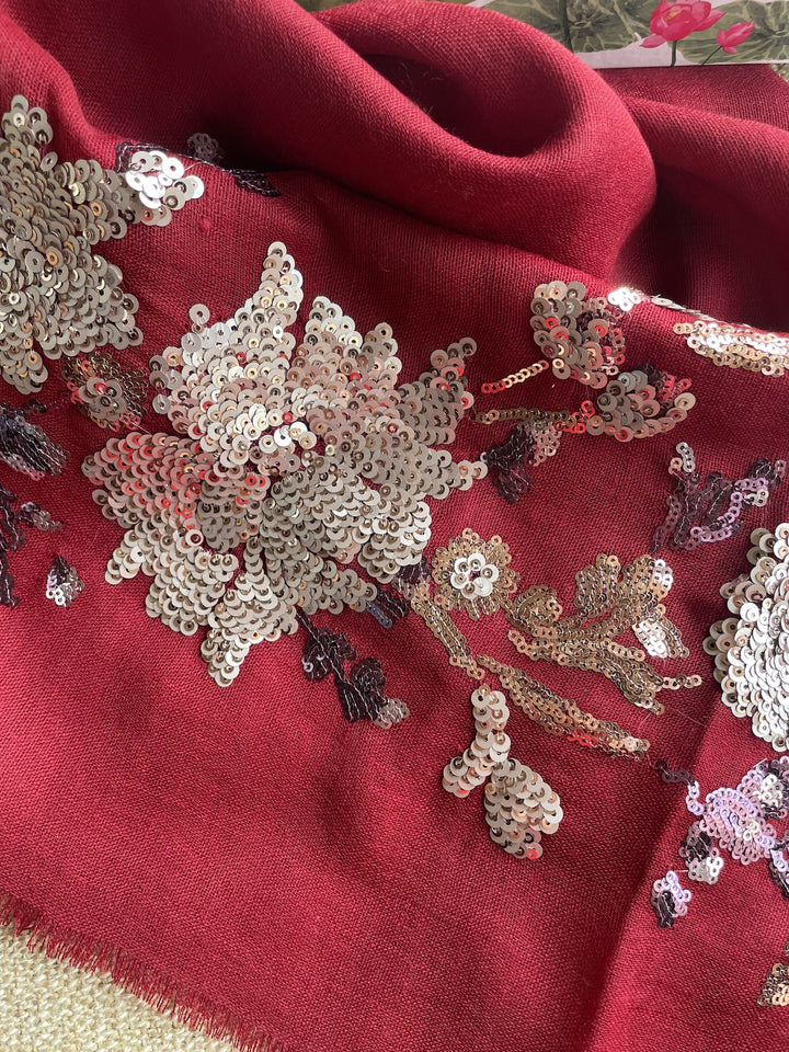 Red Floral Sequins Fine Wool Stole - 112