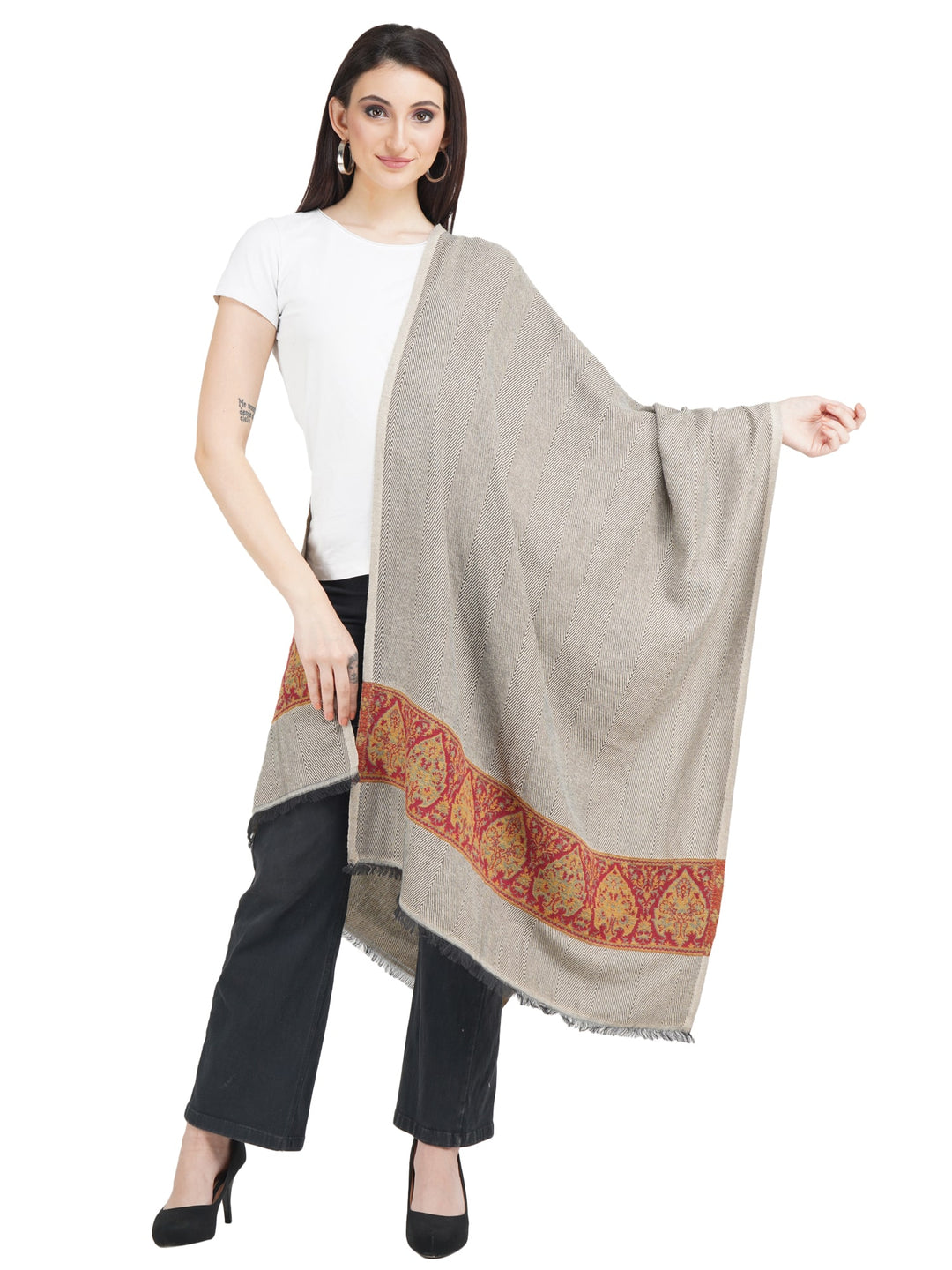 Kullu Border Acrylic wool Stole - 106