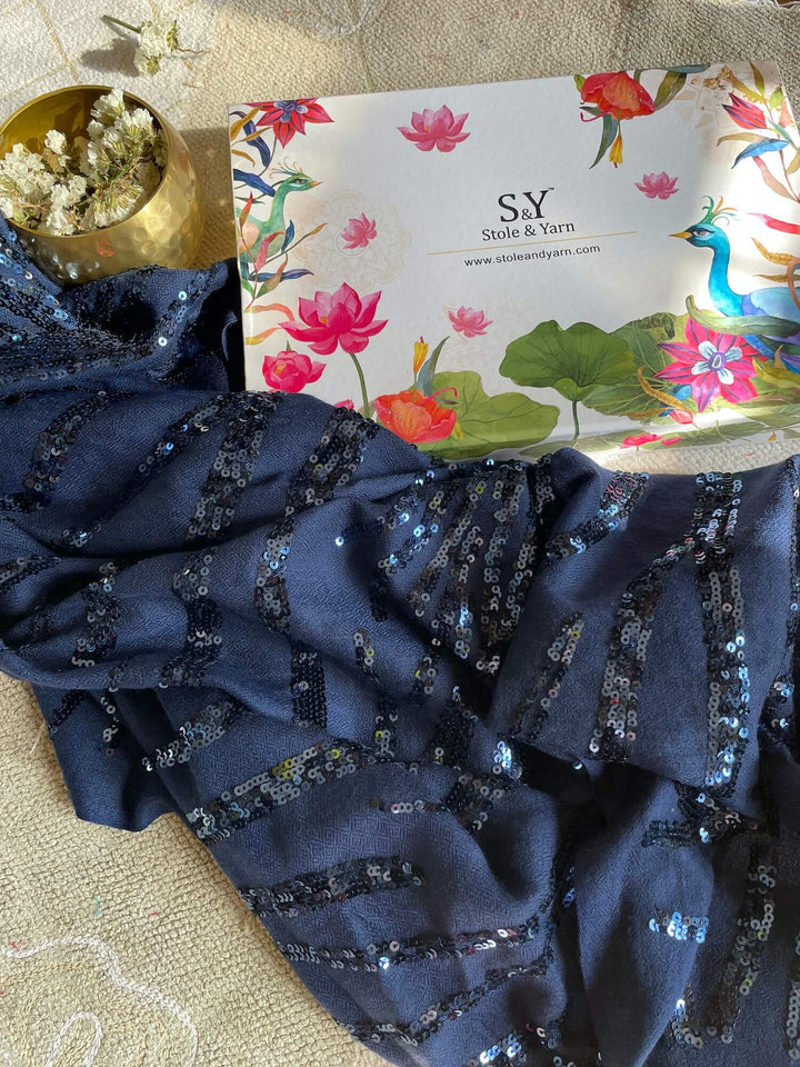 Navy Blue Jazz Sequins Fine Wool Stole - 125