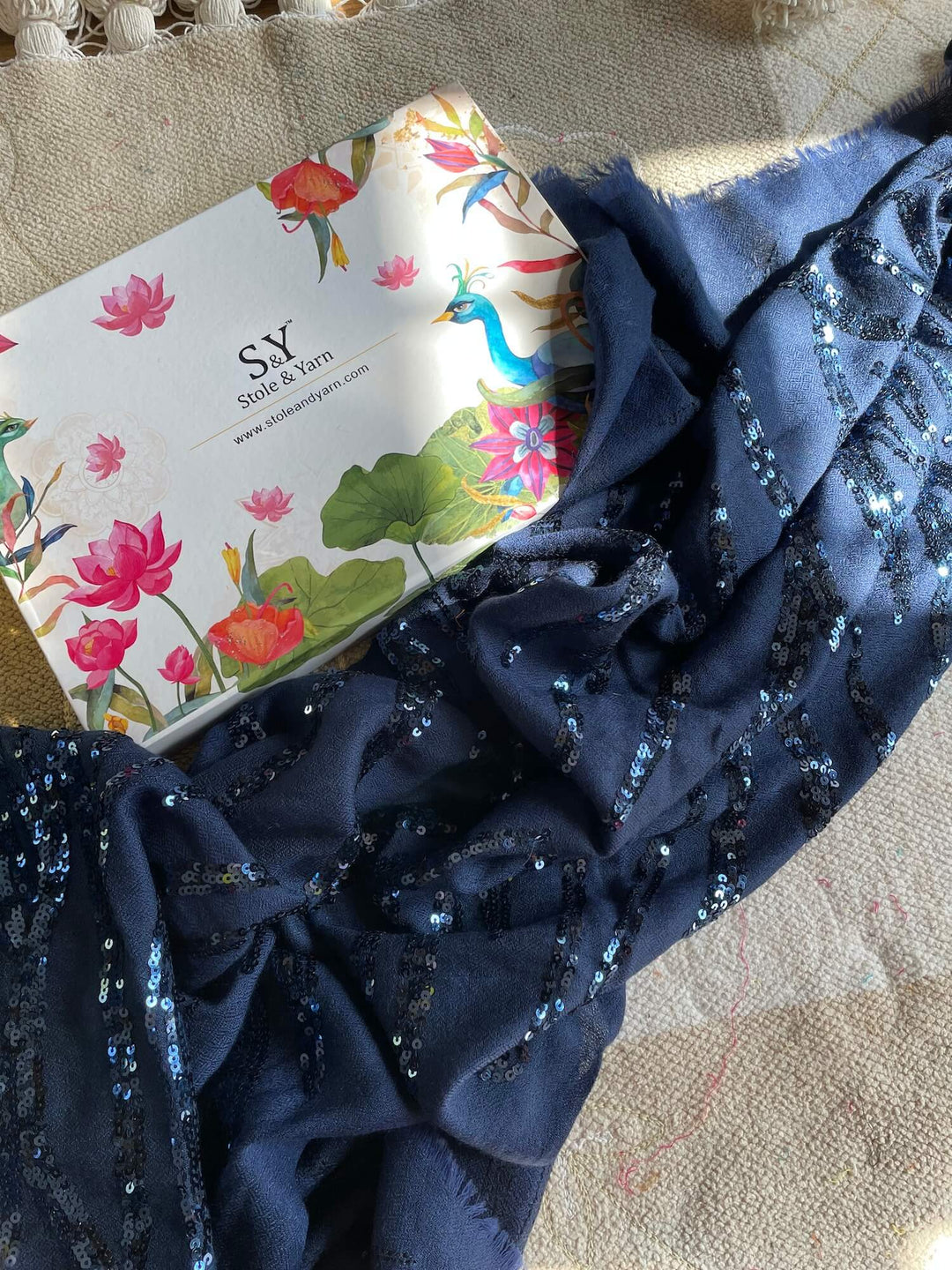 Navy Blue Jazz Sequins Fine Wool Stole - 125