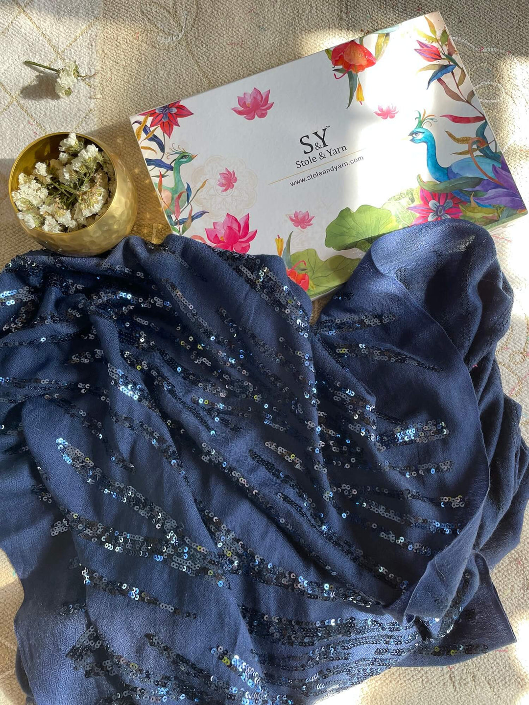 Navy Blue Jazz Sequins Fine Wool Stole - 125