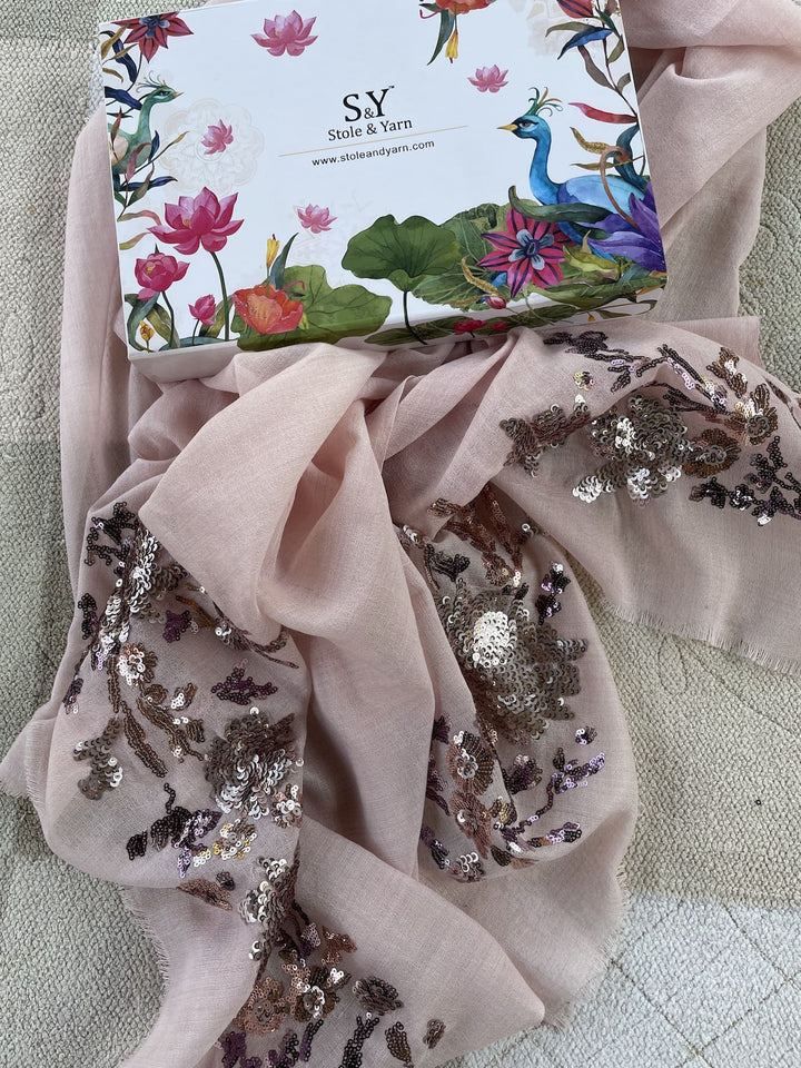 Pink Floral Sequins Fine Wool Stole - 150