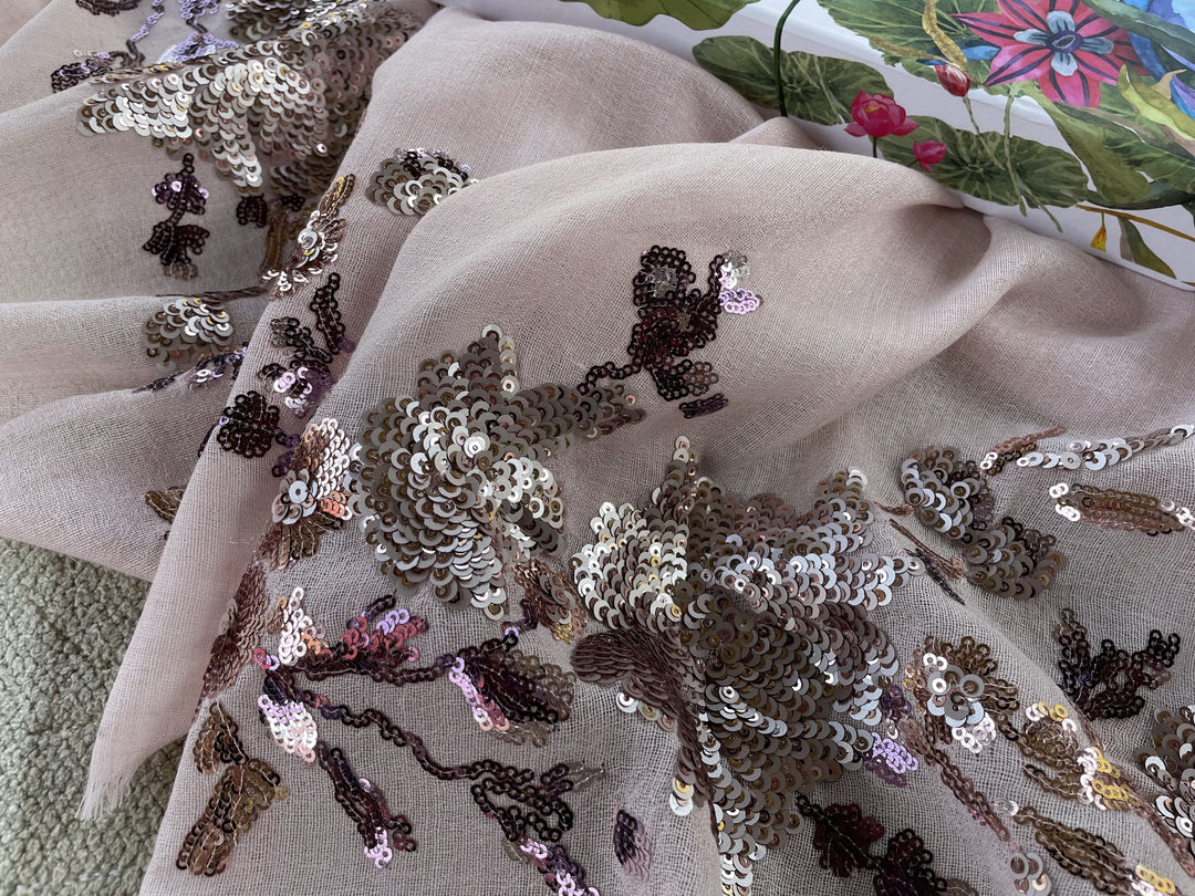 Pink Floral Sequins Fine Wool Stole - 150