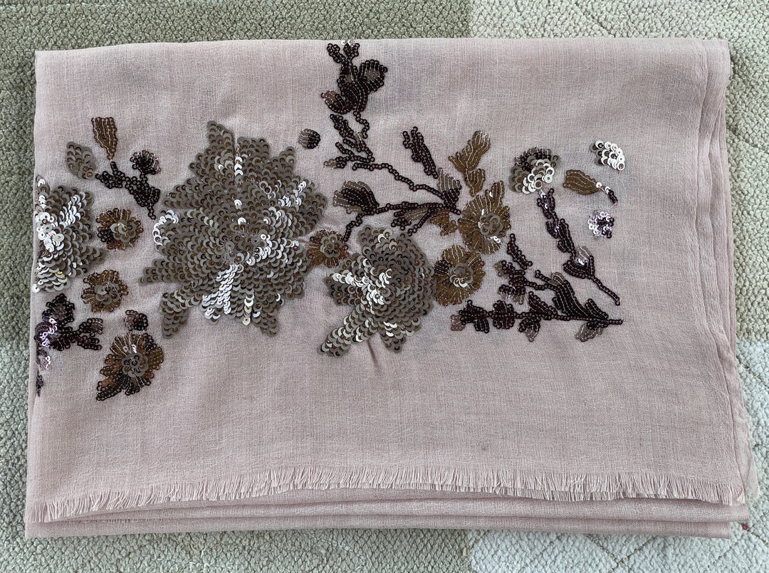 Pink Floral Sequins Fine Wool Stole - 150