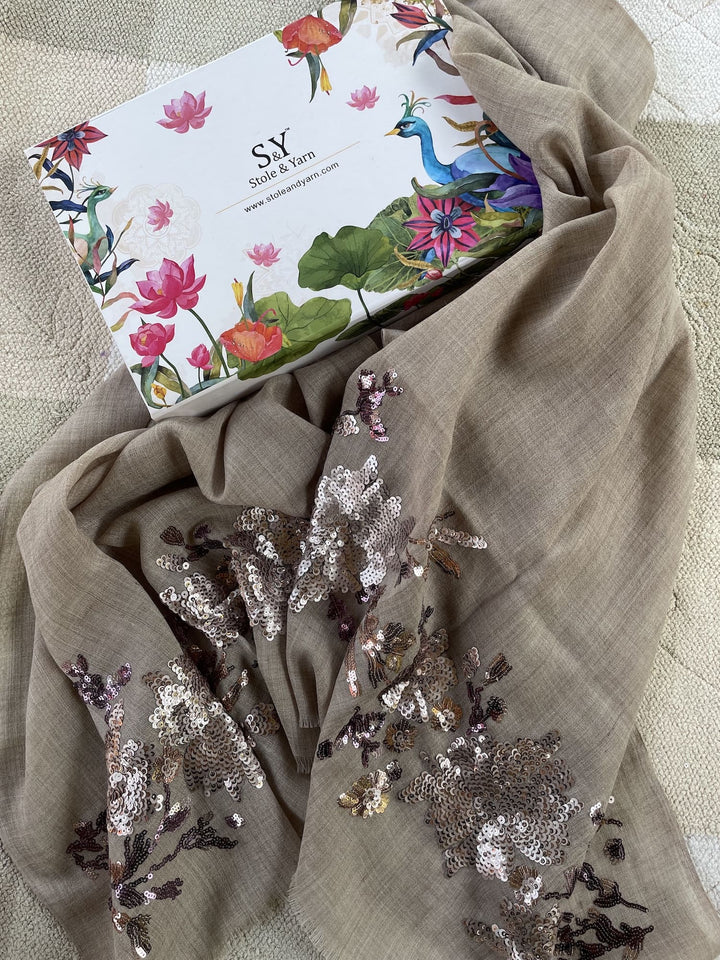 Light Cocoa Floral Sequins Fine Wool Stole - 151