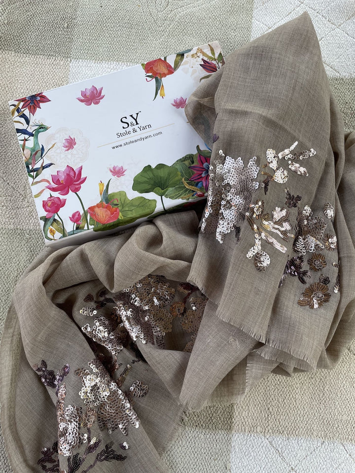 Light Cocoa Floral Sequins Fine Wool Stole - 151