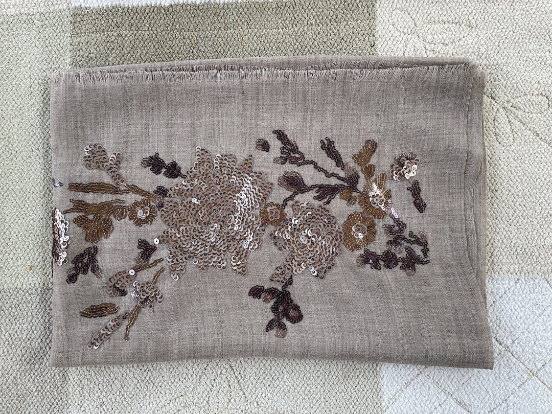 Light Cocoa Floral Sequins Fine Wool Stole - 151