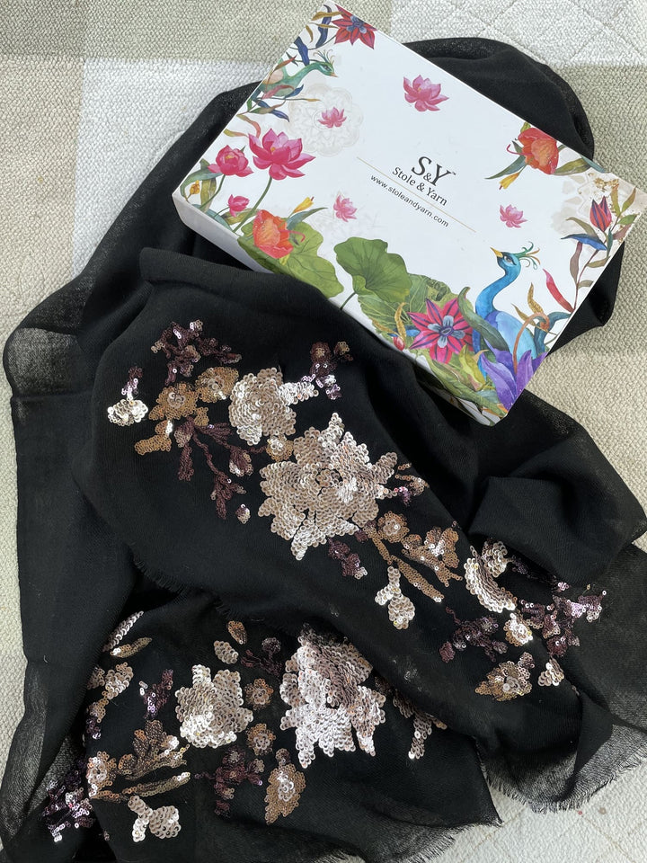 Black Floral Sequins Fine Wool Stole - 152