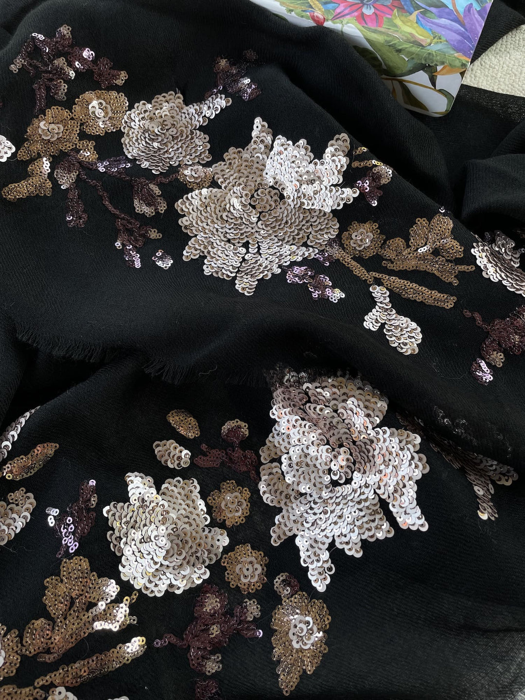 Black Floral Sequins Fine Wool Stole - 152