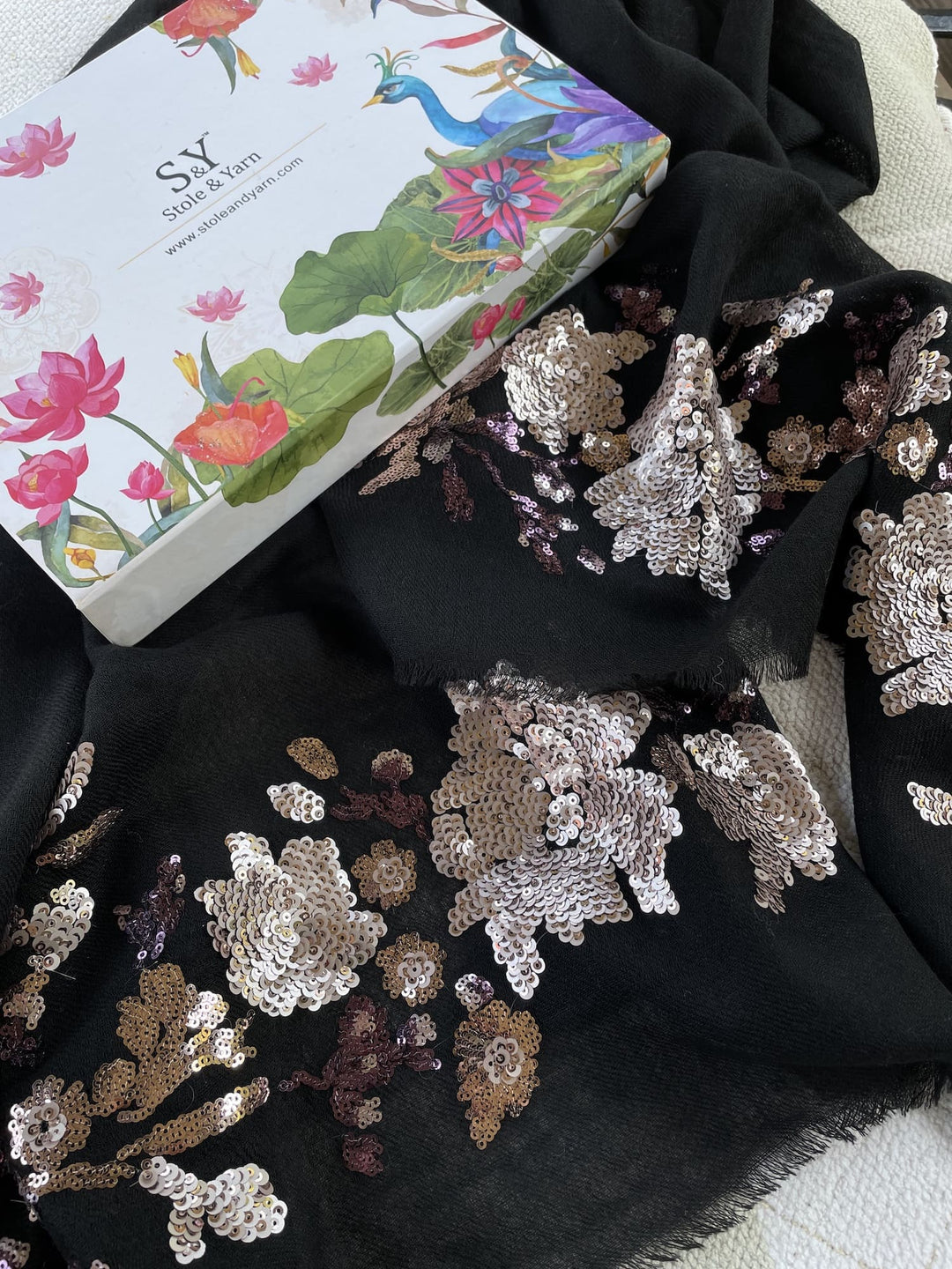 Black Floral Sequins Fine Wool Stole - 152