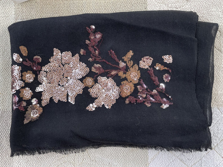 Black Floral Sequins Fine Wool Stole - 152