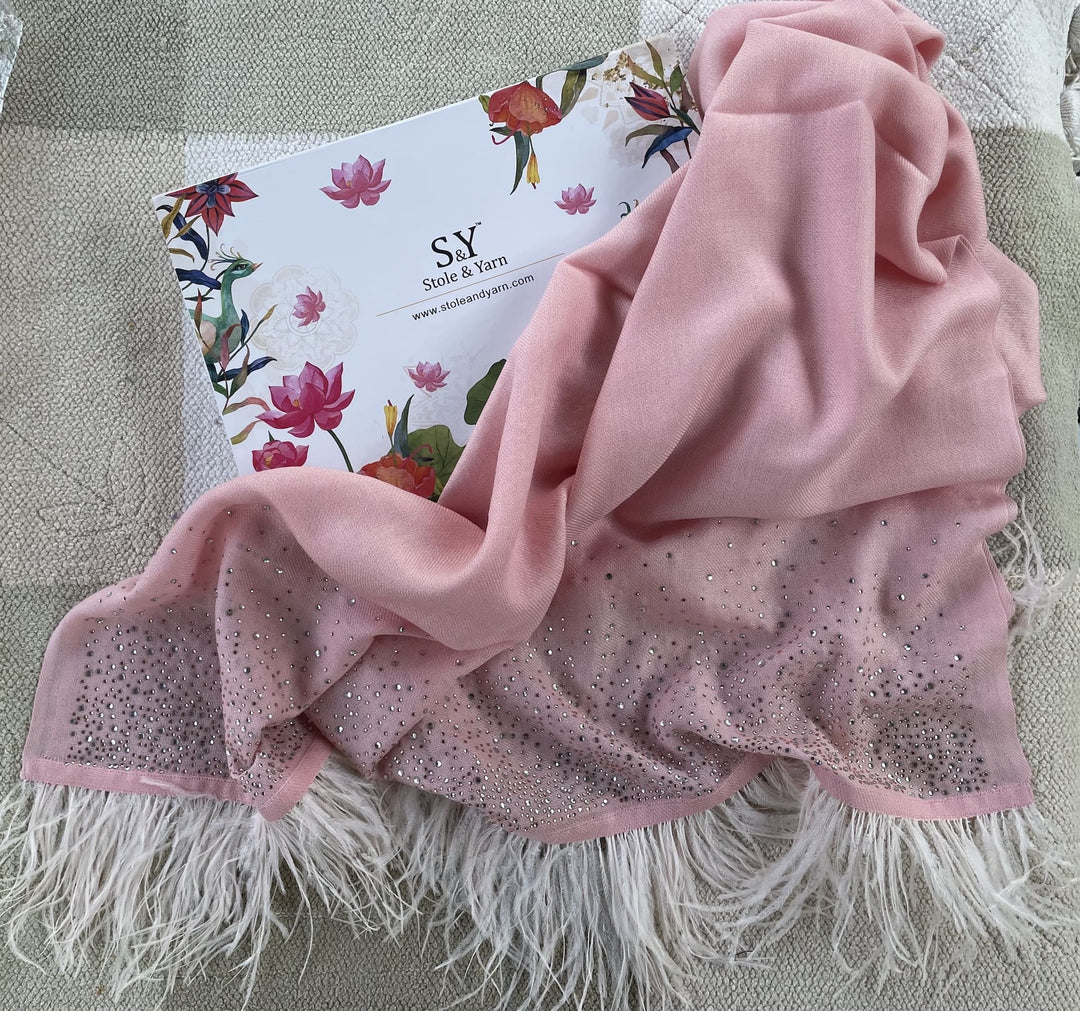 Bubble Gum Pink Crystal & Feather Fine Wool Stole - 154