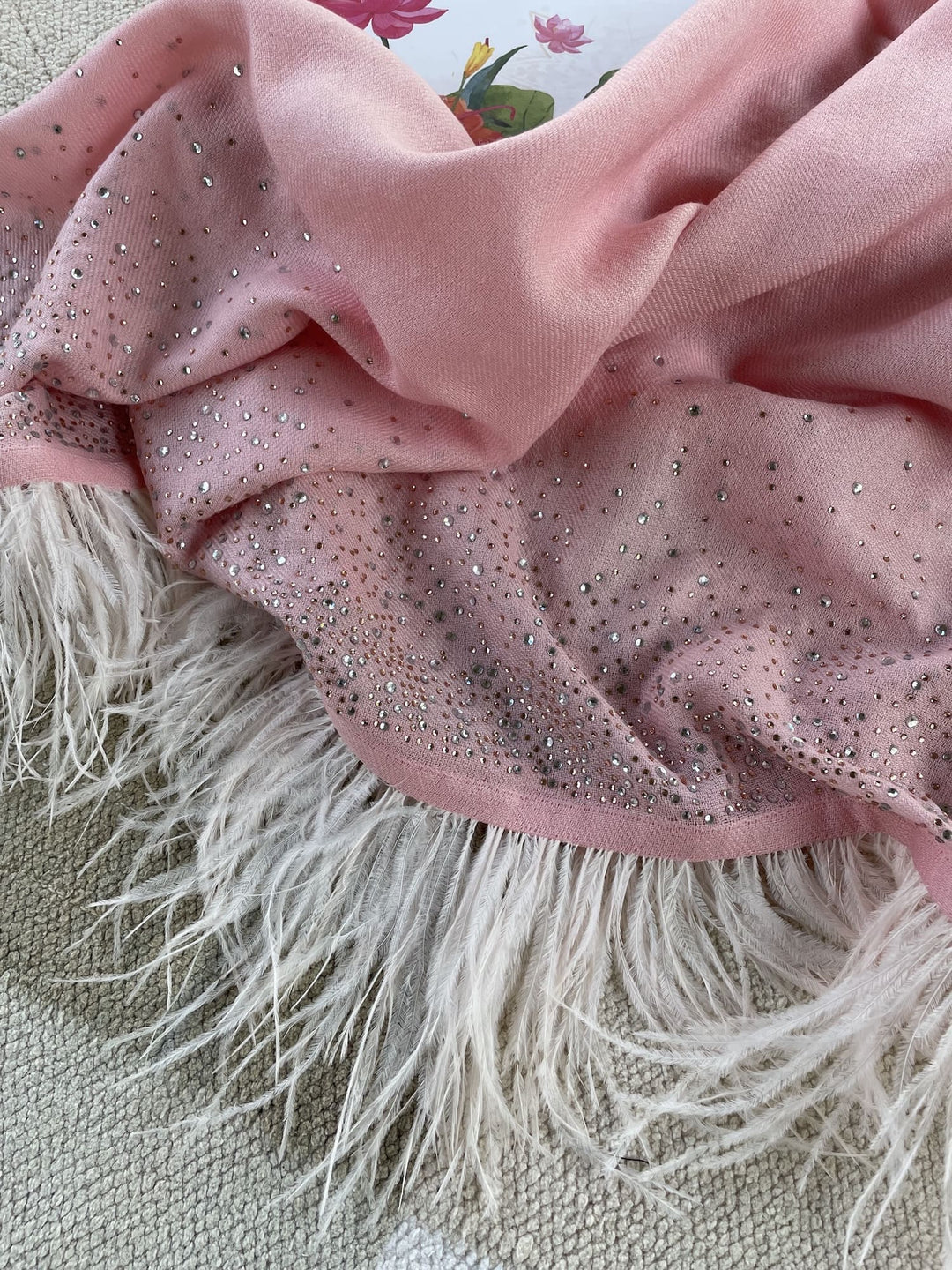 Bubble Gum Pink Crystal & Feather Fine Wool Stole - 154