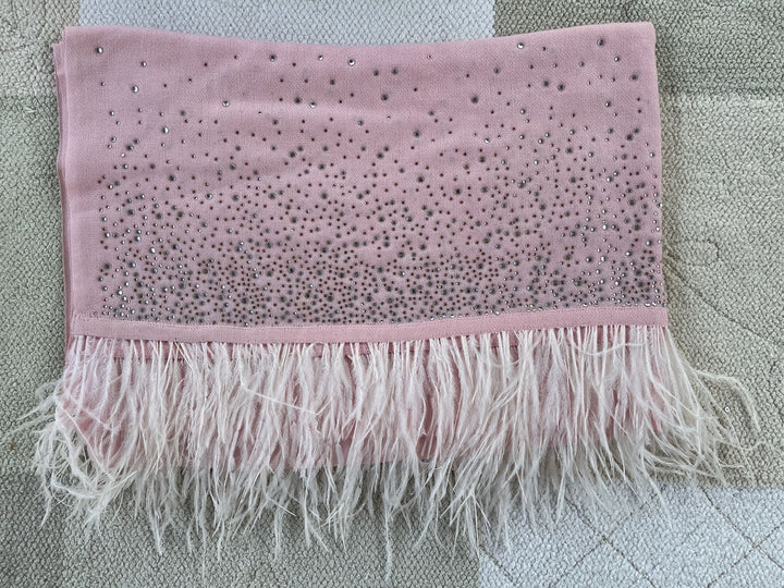 Bubble Gum Pink Crystal & Feather Fine Wool Stole - 154