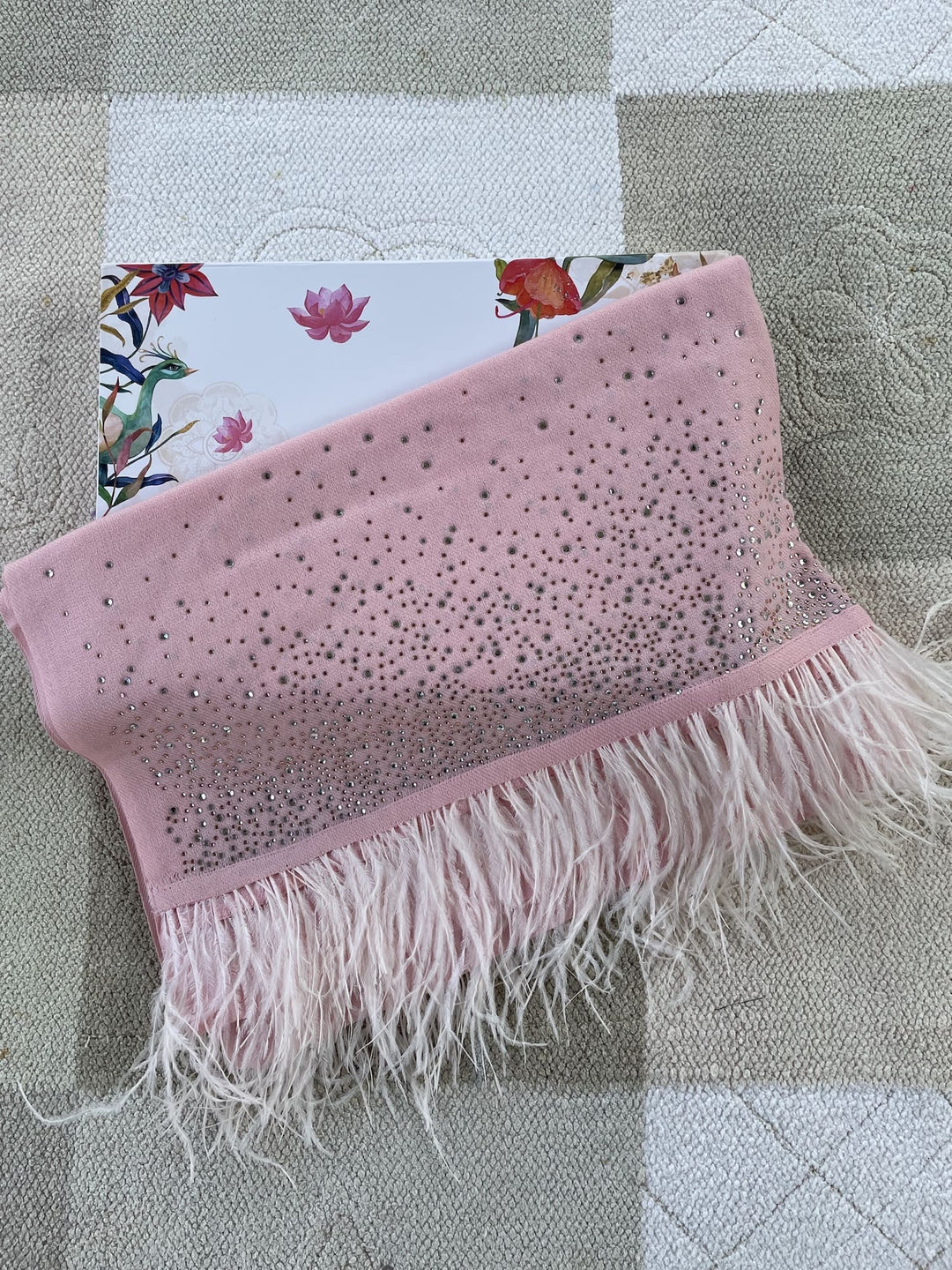 Bubble Gum Pink Crystal & Feather Fine Wool Stole - 154