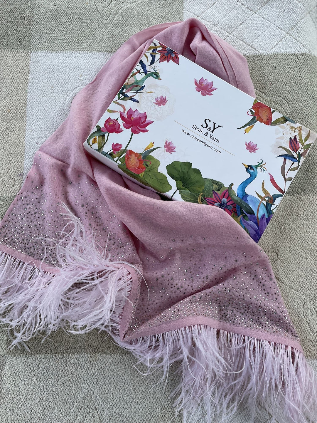 Rose Pink Crystal & Feather Fine Wool Stole - 156