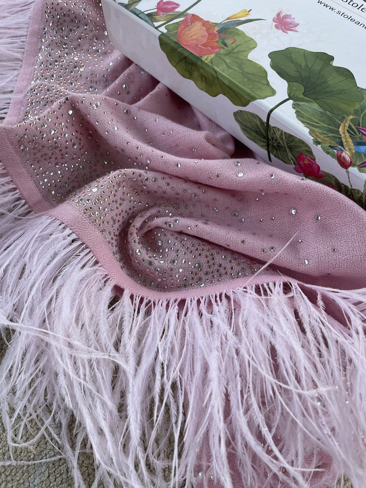 Rose Pink Crystal & Feather Fine Wool Stole - 156