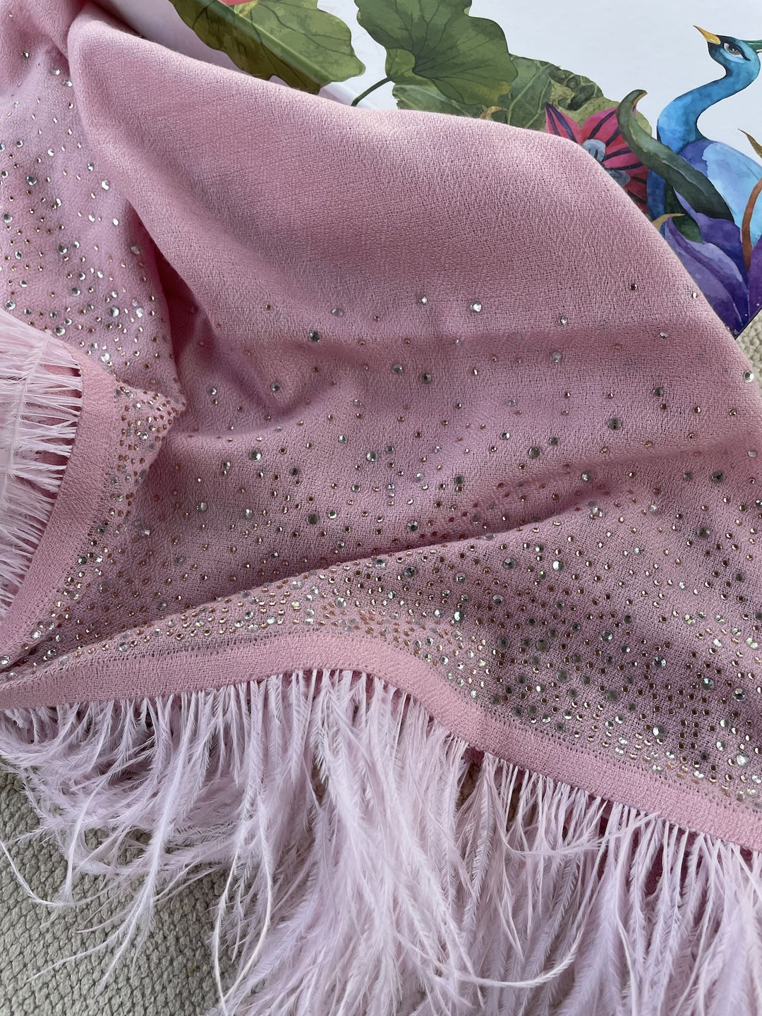 Rose Pink Crystal & Feather Fine Wool Stole - 156