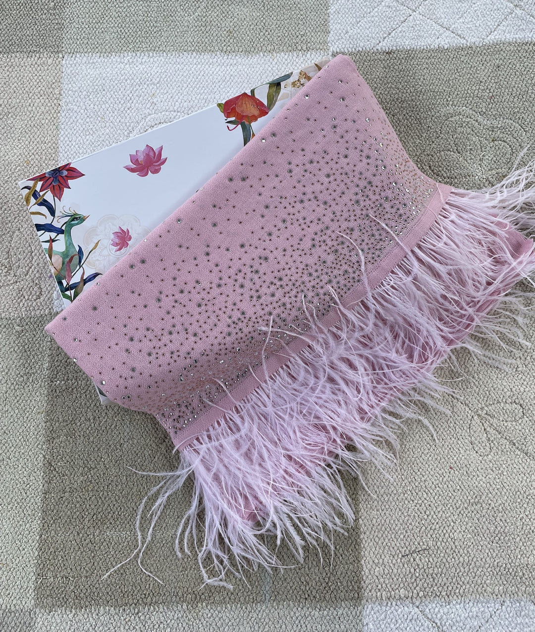 Rose Pink Crystal & Feather Fine Wool Stole - 156