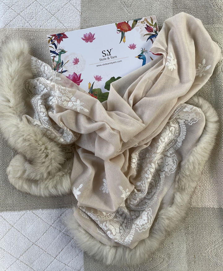 Cream Fur & Embroidery Fine Wool Stole - 160