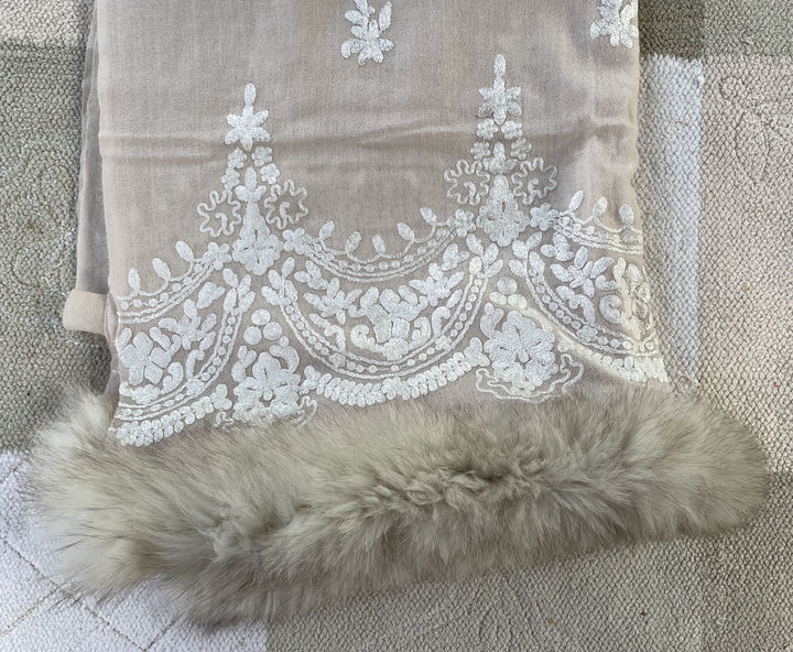 Cream Fur & Embroidery Fine Wool Stole - 160