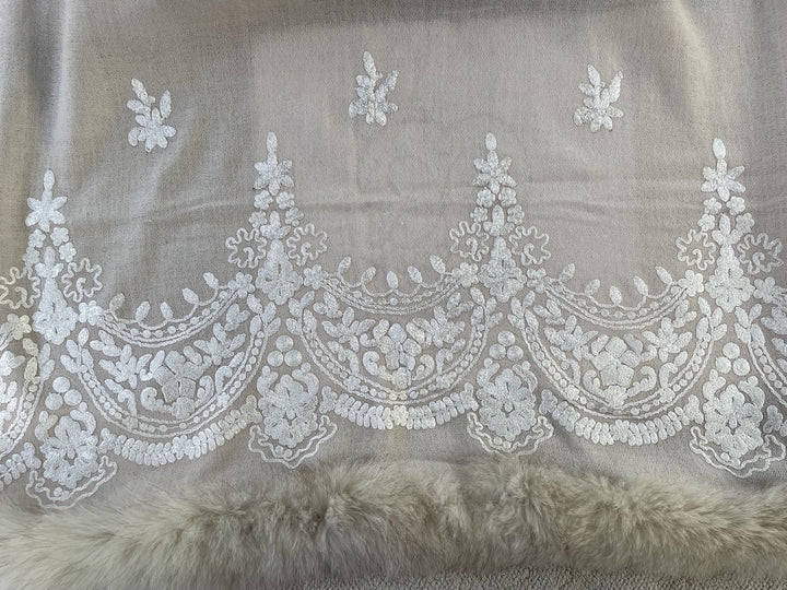 Cream Fur & Embroidery Fine Wool Stole - 160